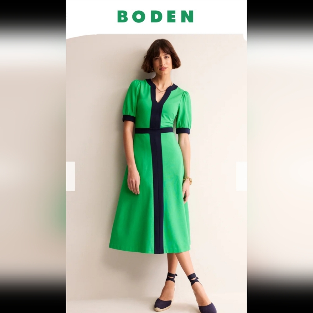 Boden Green Midi Dress with Navy Trim